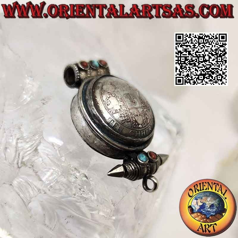 Pendentif boîte tibétaine antique "Gao Kalachakra" avec turquoise et coraux anciens