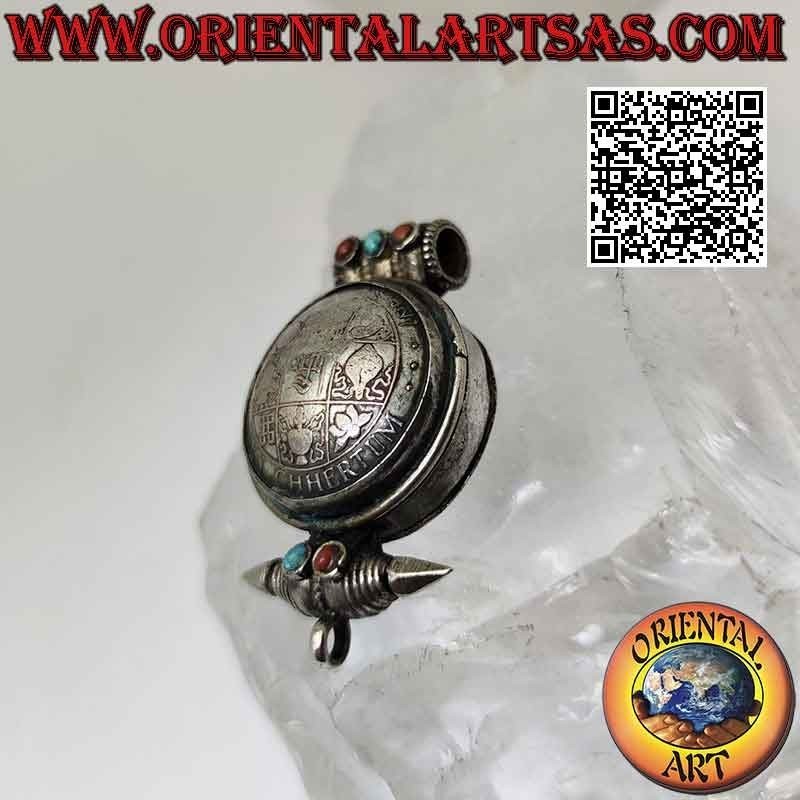 Antiguo colgante de caja tibetana "Gao Kalachakra" con turquesa y corales antiguos