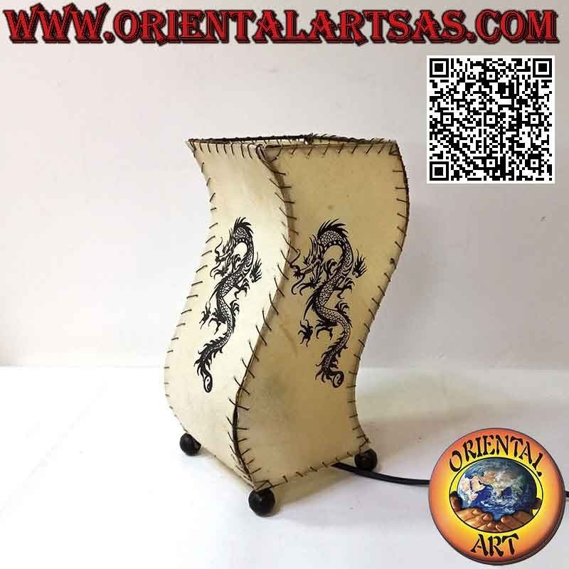 Ethnic table lamp, "S wave" with square base with painted dragon, in animal skin 30 cm