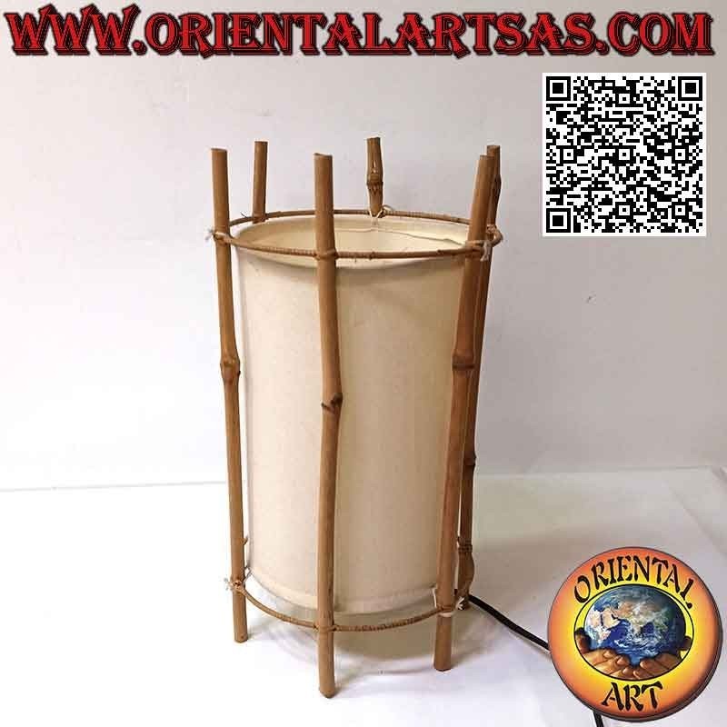 Lampada da tavolo etnica, "cilindro lineare" a base tonda in cotone e struttura in bambù da 35 cm
