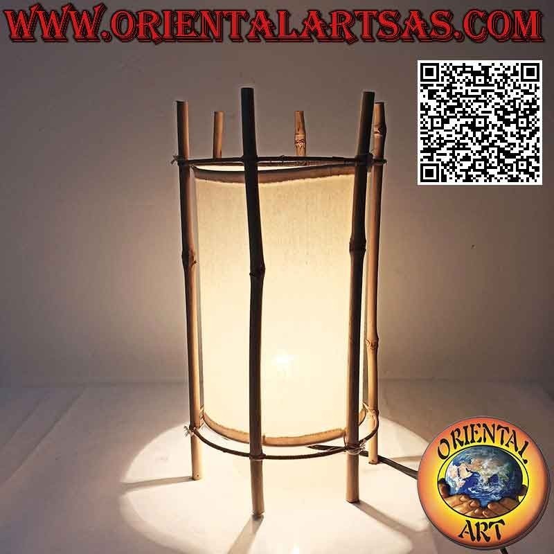 Lampada da tavolo etnica, "cilindro lineare" a base tonda in cotone e struttura in bambù da 35 cm