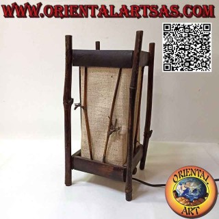 Lampe de table ethnique, "linéaire parrallélépipédique" avec socle carré en chanvre et structure en bambou de 34 cm