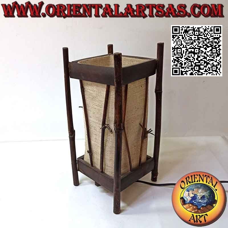 Ethnic table lamp, "linear parrallelepiped" with square hemp base and 34 cm bamboo structure