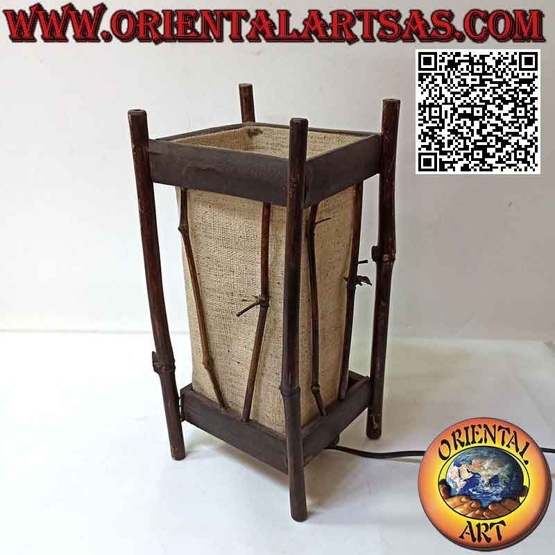 Lámpara de mesa étnica, "paralelepípedo lineal" con base cuadrada de cáñamo y estructura de bambú de 34 cm