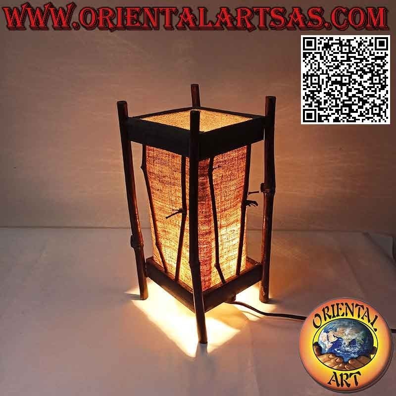Ethnic table lamp, "linear parrallelepiped" with square hemp base and 34 cm bamboo structure