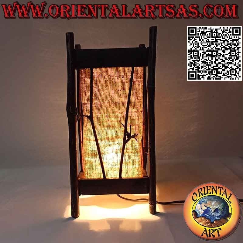 Lampe de table ethnique, "linéaire parrallélépipédique" avec socle carré en chanvre et structure en bambou de 34 cm