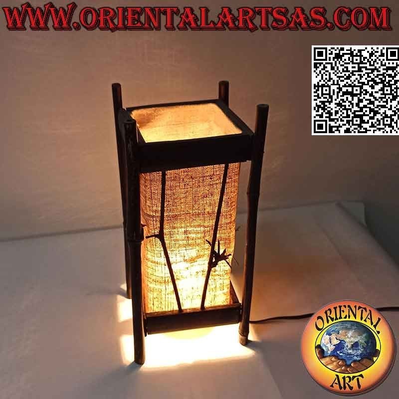 Ethno-Tischlampe, "linear parrallepiped" mit quadratischer Hanfbasis und 34 cm Bambusstruktur