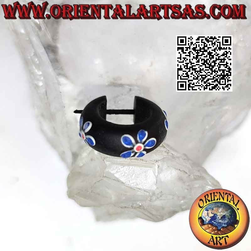 Aros de madera oscura con flores pintadas de 20 mm, azul