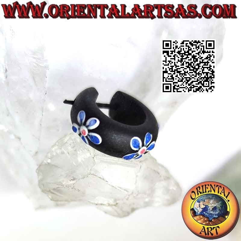 Orecchini a cerchio in legno scuro con fiori dipinti da 20 mm, blu