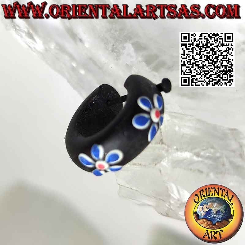 Orecchini a cerchio in legno scuro con fiori dipinti da 20 mm, blu
