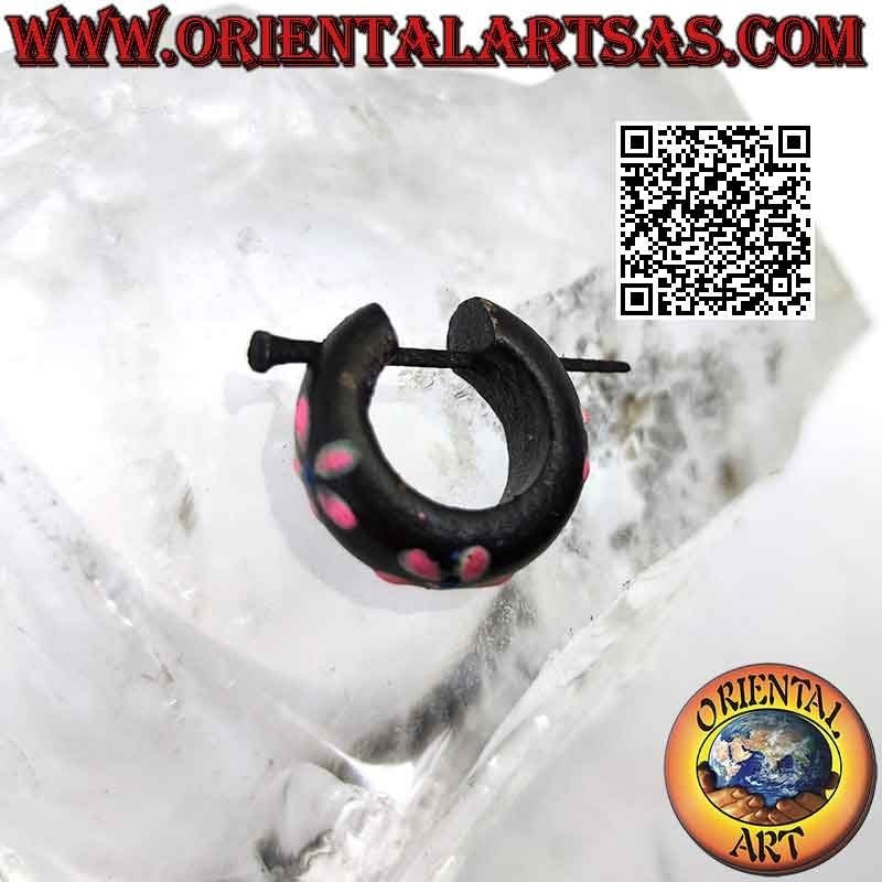 Dark wood hoop earrings with 18 mm painted flowers, pink