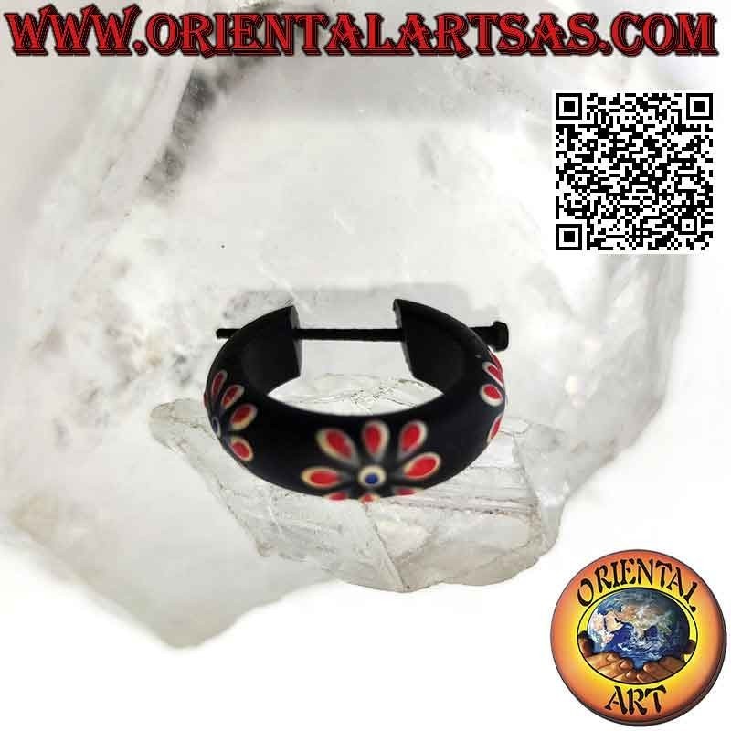 Orecchini a cerchio in legno scuro con fiori dipinti da 24 mm, rosso