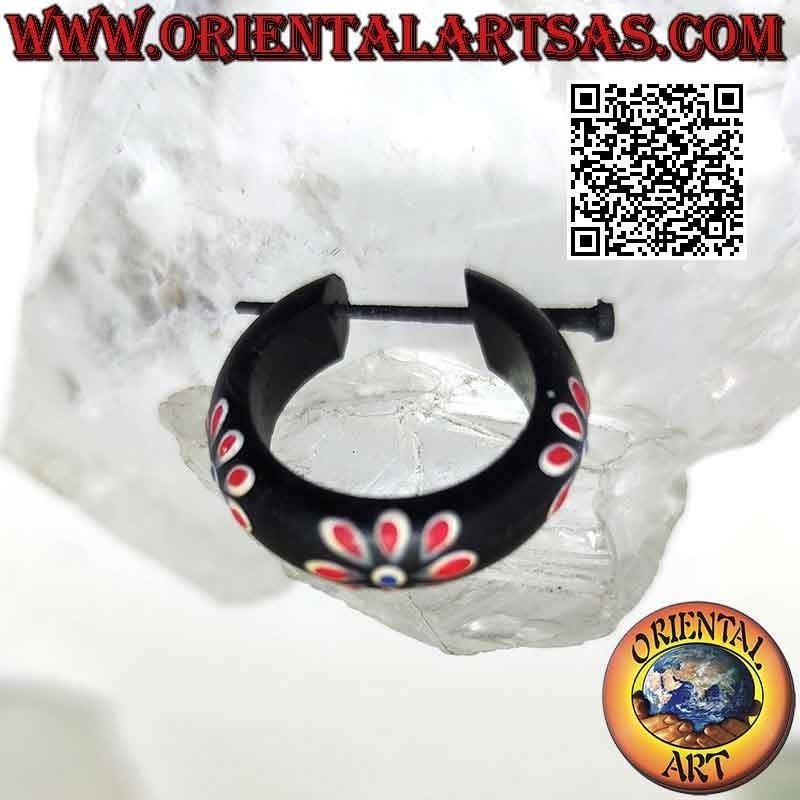 Dark wood hoop earrings with 24 mm painted flowers, red