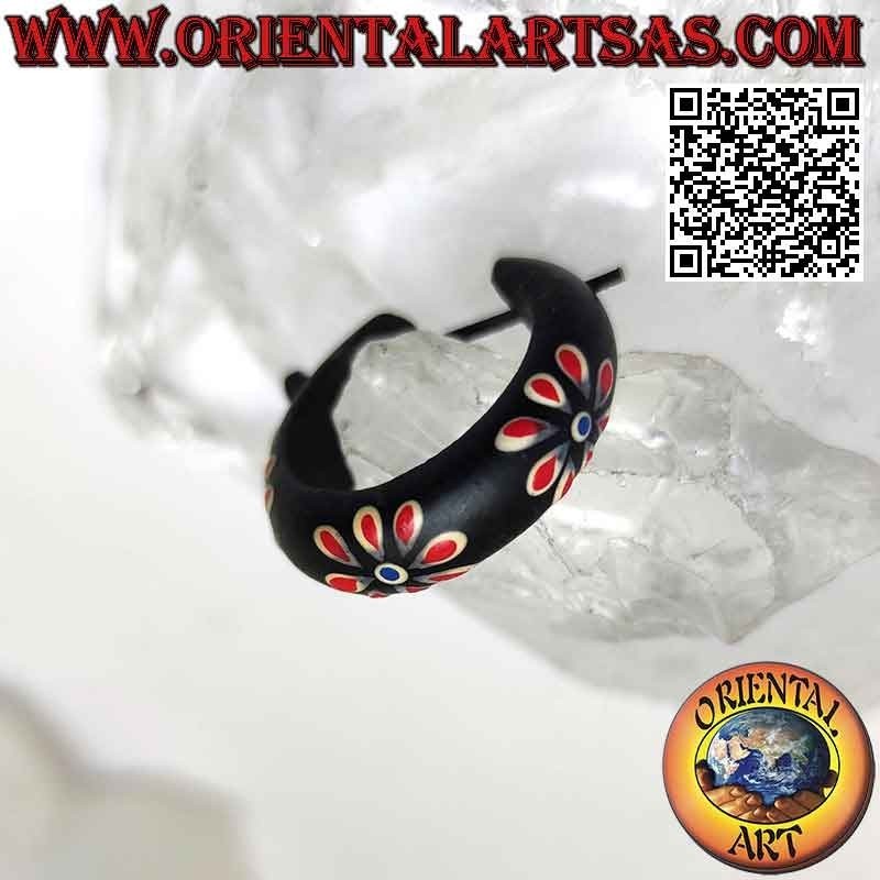 Dark wood hoop earrings with 24 mm painted flowers, red