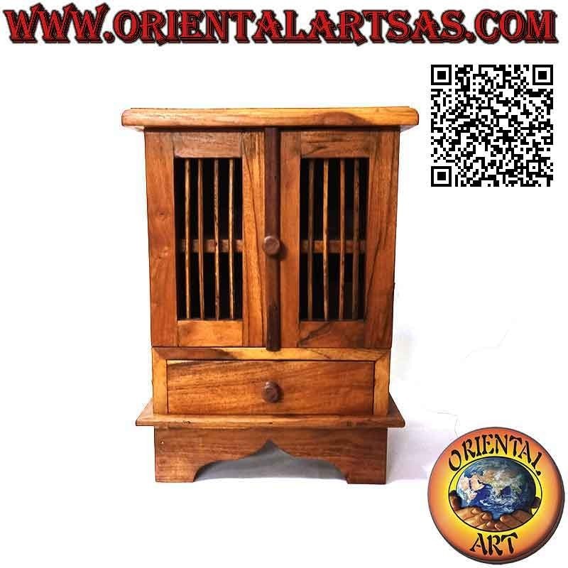 Vitrina de dos puertas con columnas y cajón en madera de teca