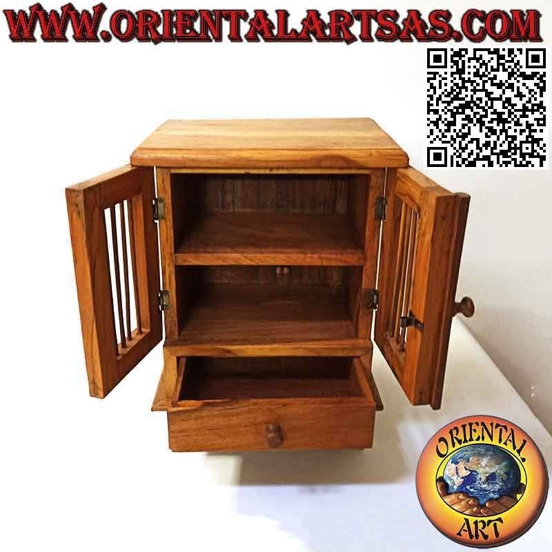 Vitrine mit zwei Türen mit Säulen und Schublade aus Teakholz