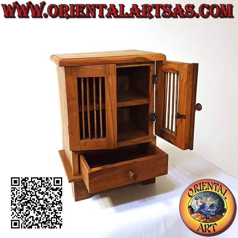 Vitrine mit zwei Türen mit Säulen und Schublade aus Teakholz