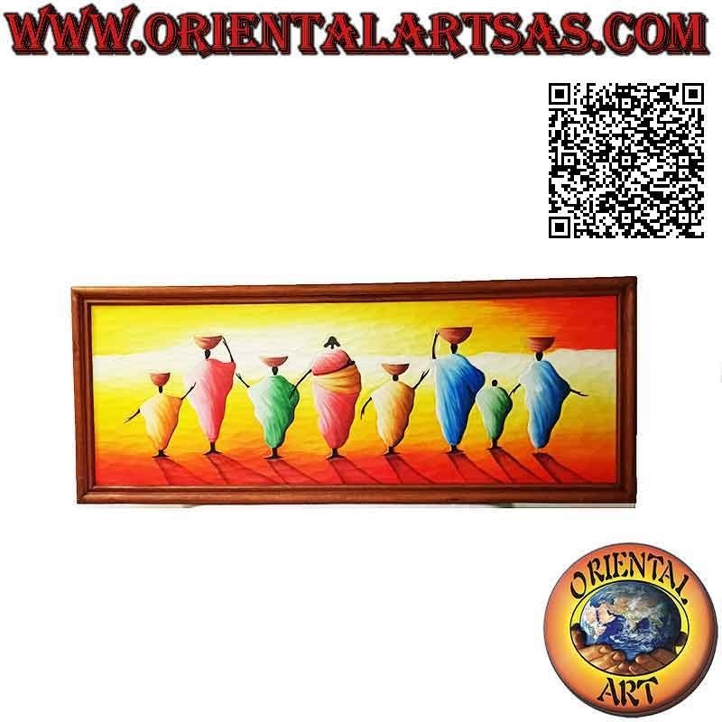 Hand painted picture on wood in Sahara style, "series of women dewatering pumps (carrying water) at sunset"