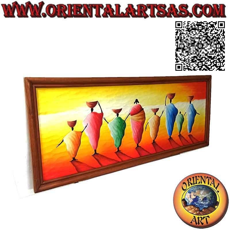Hand painted picture on wood in Sahara style, "series of women dewatering pumps (carrying water) at sunset"