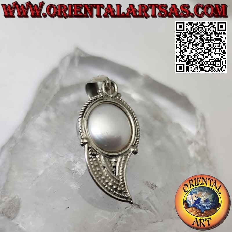 Pendentif en argent, aile d'ange avec grosse perle centrale et micro sphères