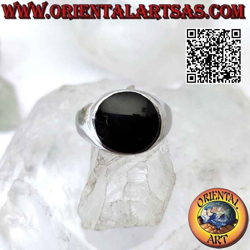 Anello in argento con onice tonda a filo bordo su montatura liscia da Ø 13 mm