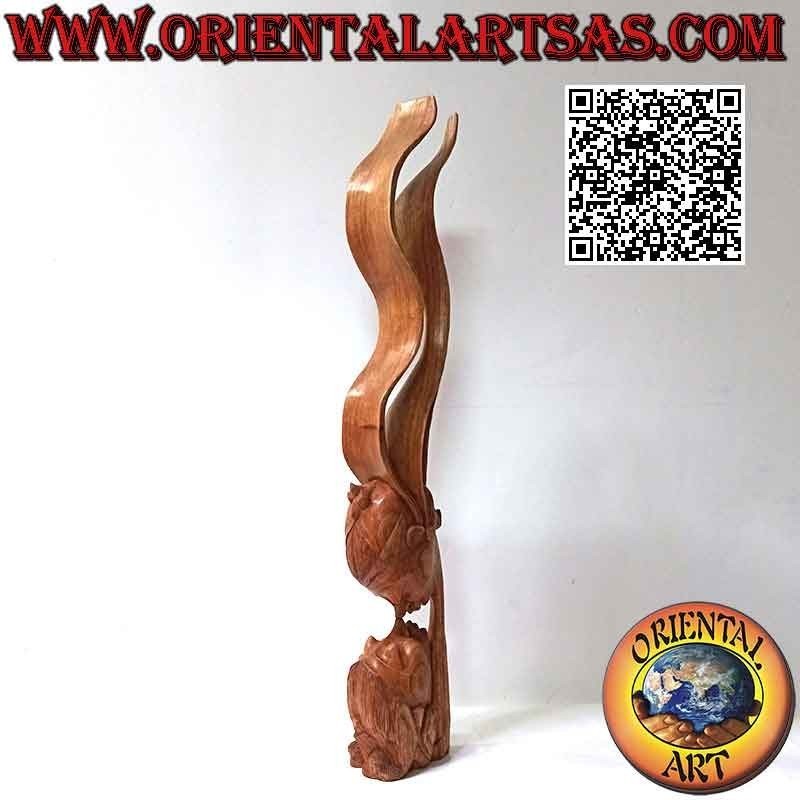 Scultura del bacio tra due amanti orientali con velo di profilo in legno di suar da 82 cm (naturale)