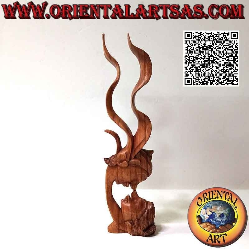 Scultura del bacio tra due amanti orientali con velo di profilo in legno di suar da 35 cm (naturale)