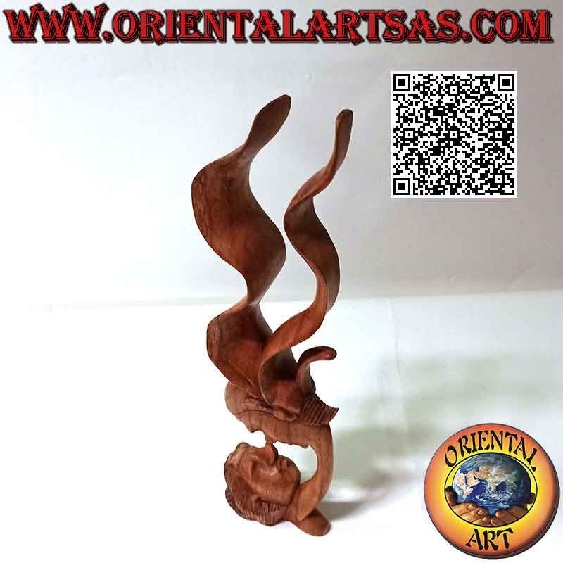 Sculpture du baiser entre deux amants orientaux avec voile de profil en bois de suar 35cm (naturel)