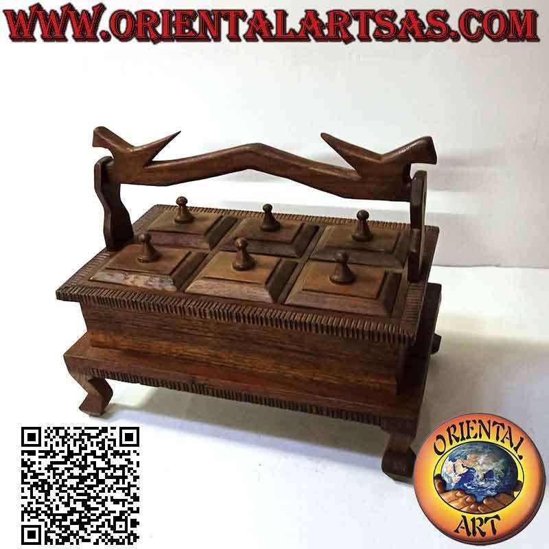 Joyero rectangular de seis compartimentos con mango de madera de teca (hecho a mano)