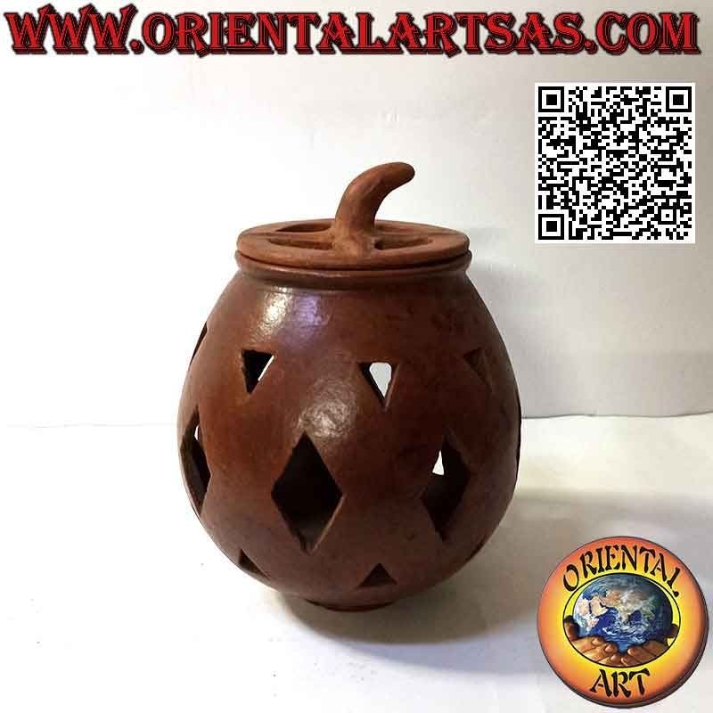 Pumpkin-shaped box with rhomboid tracery in terracotta
