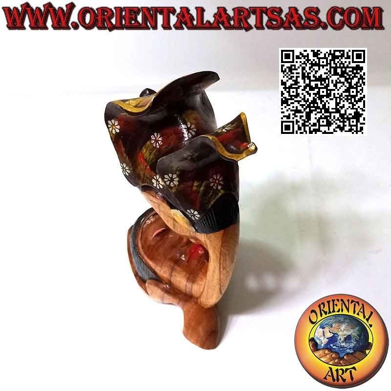 Scultura del bacio tra due amanti orientali di profilo in legno di suar da 26 cm (dipinta)