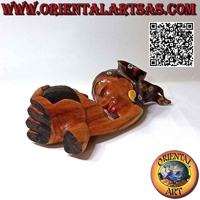 Sculpture of the kiss between two oriental lovers in profile in suar wood of 26 cm (painted)