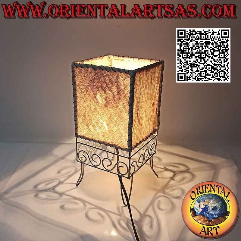 Ethnic table lamp, "parallelepiped with Greek foot" in Tapa or Ngatu (tree bark) 30 cm