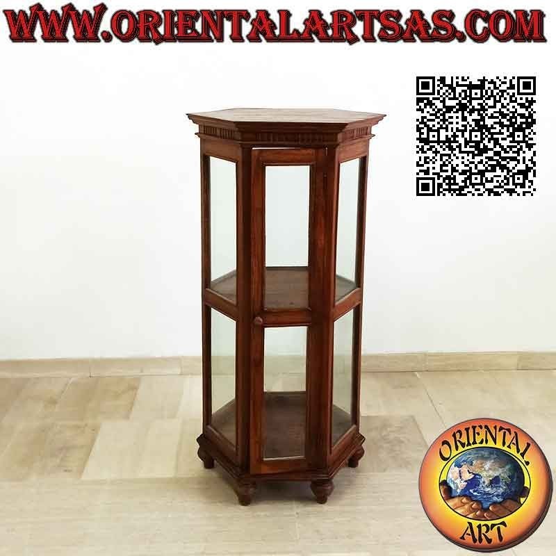 Vitrina hexagonal con dos estantes y decoración de columnas de madera de teca (120)
