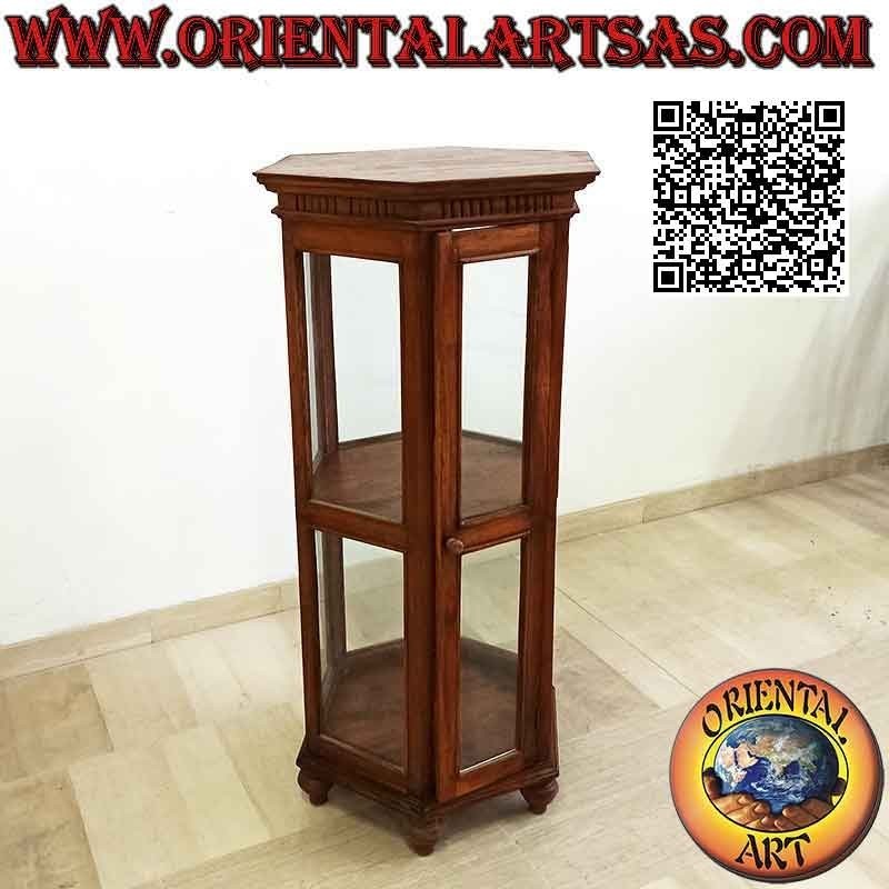 Sechseckige Vitrine mit zwei Regalen und Säulendekoration aus Teakholz (120)