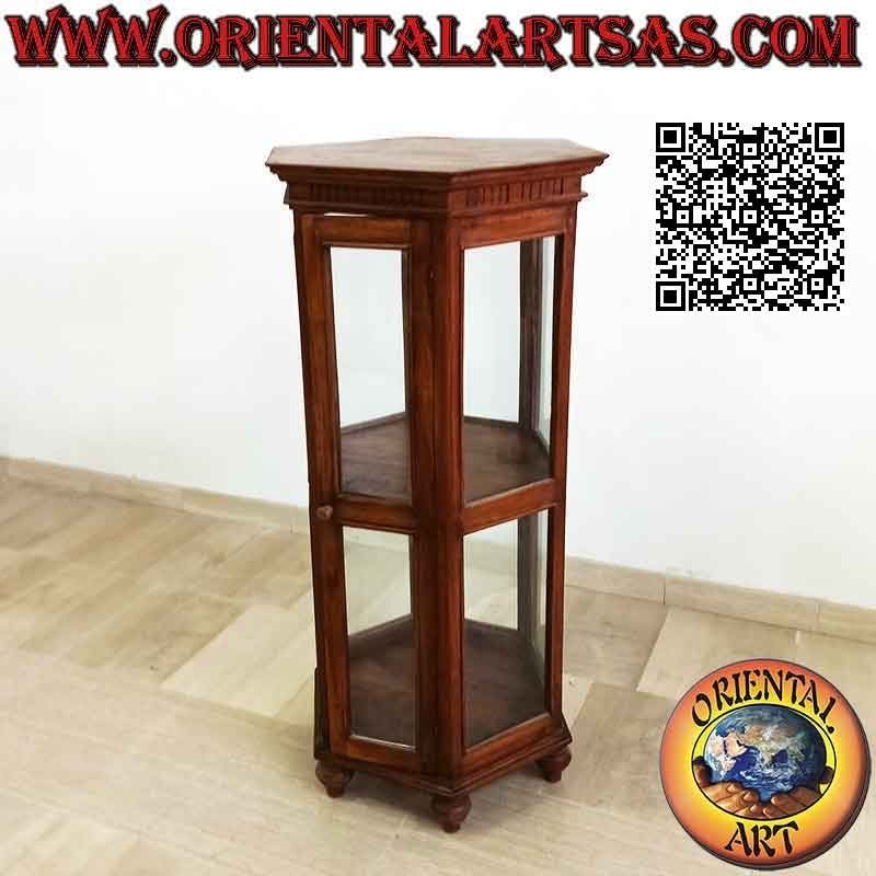 Vitrina hexagonal con dos estantes y decoración de columnas de madera de teca (120)