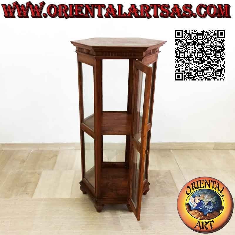 Vitrina hexagonal con dos estantes y decoración de columnas de madera de teca (120)
