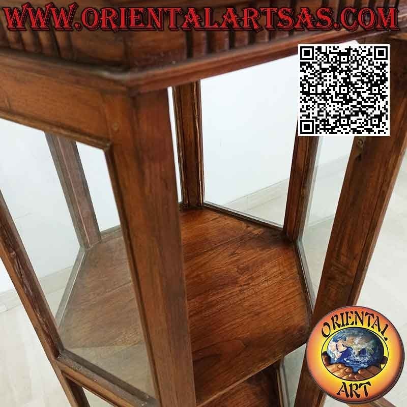 Vitrina hexagonal con dos estantes y decoración de columnas de madera de teca (120)