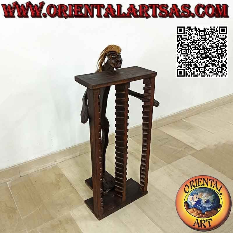Porta CD in stile primitivo con scultura di un aborigeno in legno di teak (80 cm )