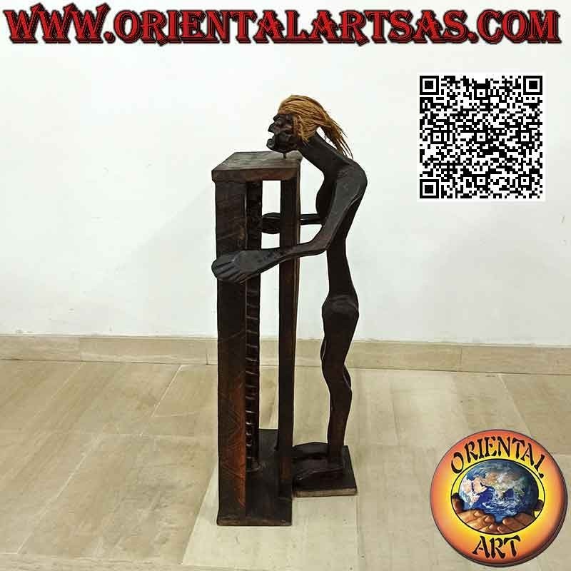 Porta CD de estilo primitivo con escultura de un aborigen en madera de teca (80 cm)