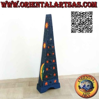 Tablón piramidal de seis cajones de madera de abeto pintado de azul con lunas y estrellas doradas