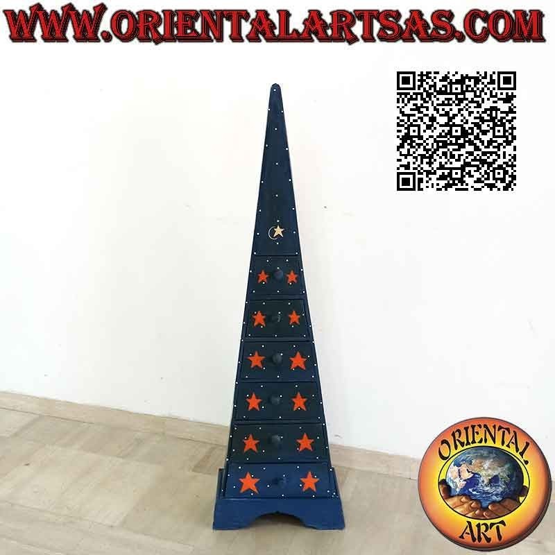 Pyramid bulletin board with six drawers in blue painted fir wood with moons and golden stars
