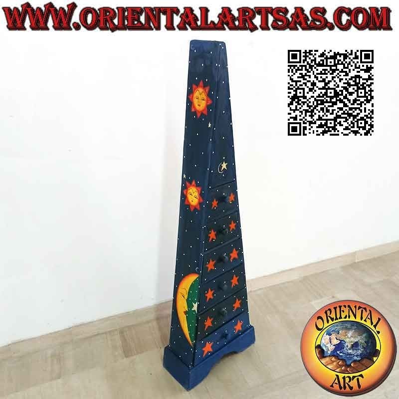 Tablón piramidal de seis cajones de madera de abeto pintado de azul con lunas y estrellas doradas
