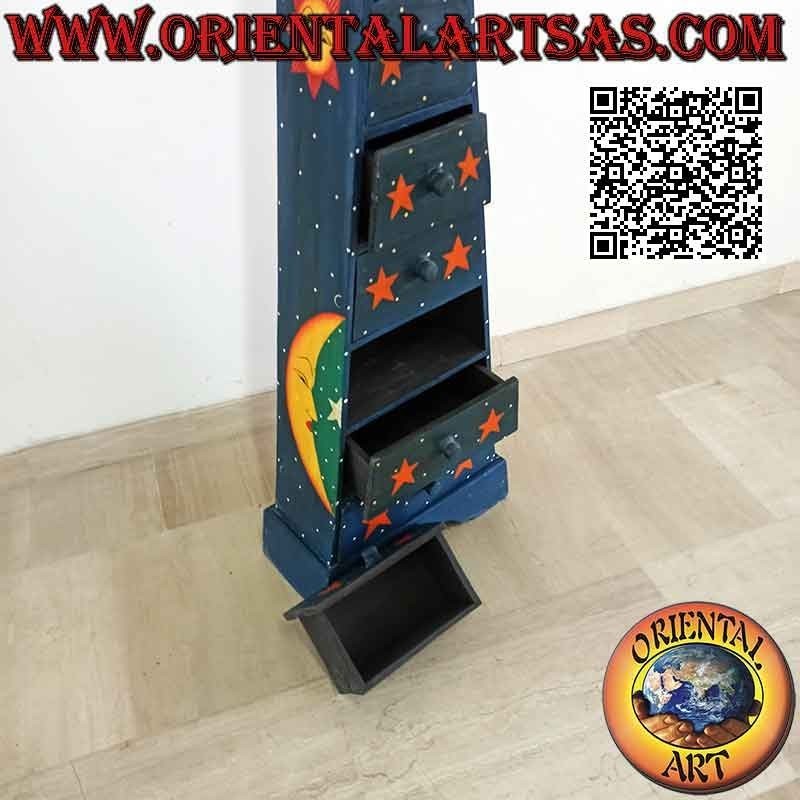 Bacheca a piramide con sei cassetti in legno di abete dipinta blu con lune e stelle dorate