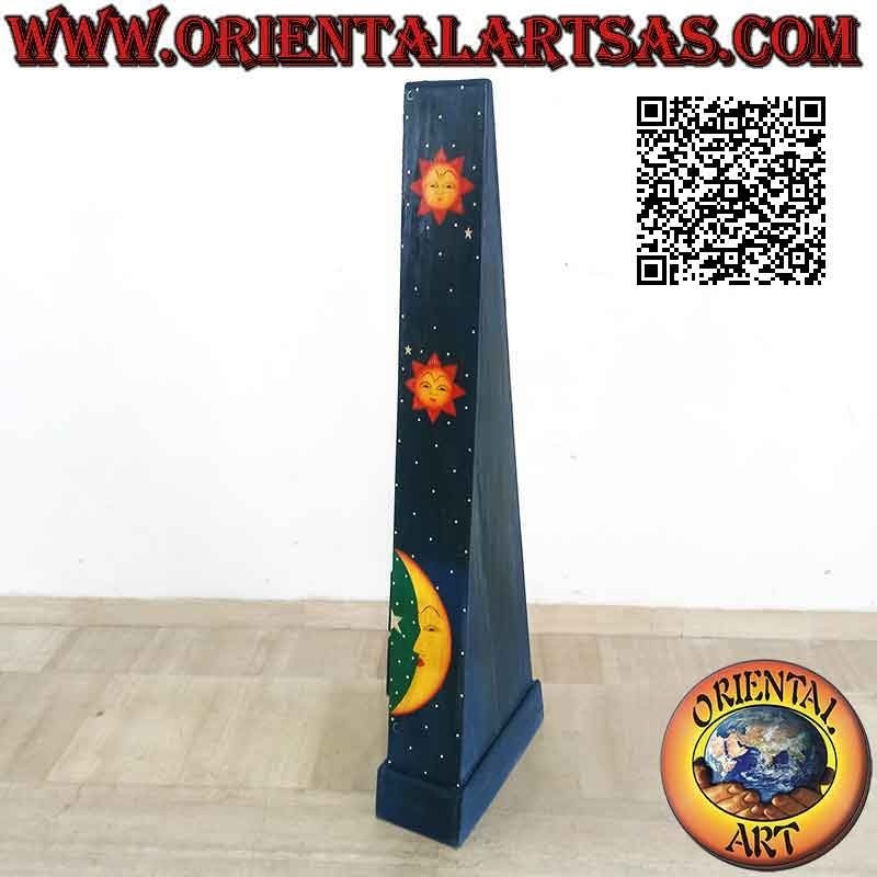 Bacheca a piramide con sei cassetti in legno di abete dipinta blu con lune e stelle dorate