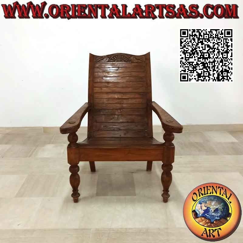Antique colonial style armchair / chaise longue in teak wood (joined slats)