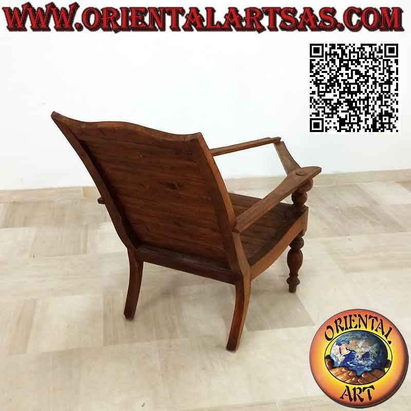 Antique colonial style armchair / chaise longue in teak wood (joined slats)