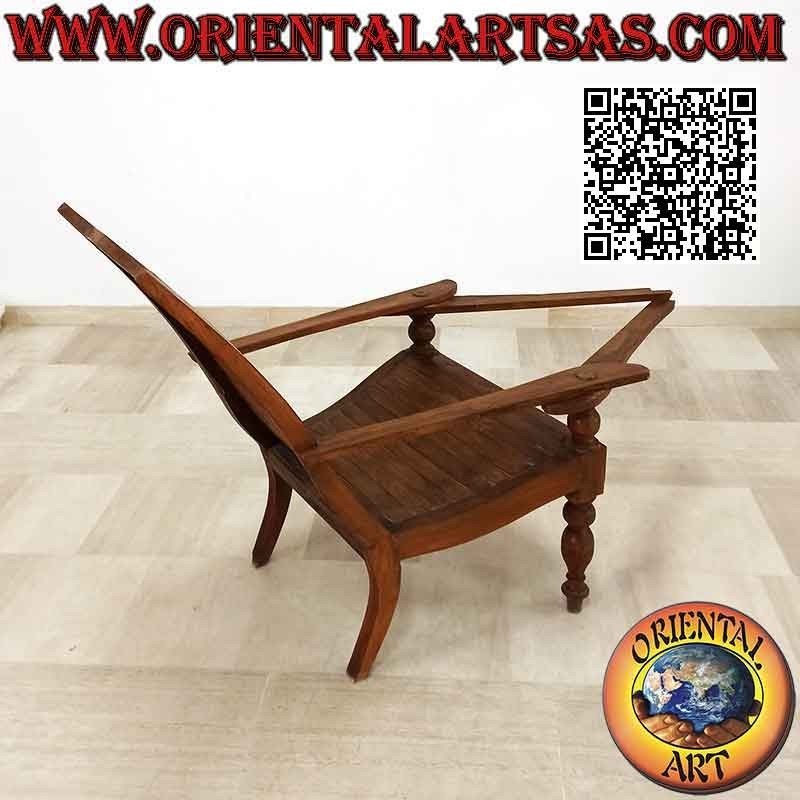 Fauteuil / chaise longue de style colonial ancien en bois de teck (lattes jointes)