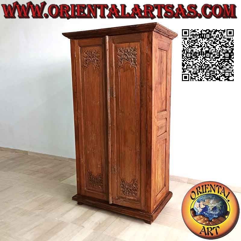 Armadio alto lineare a 2 ante e 3 ripiani con decoro floreale a bassorilievo in legno antico di teak