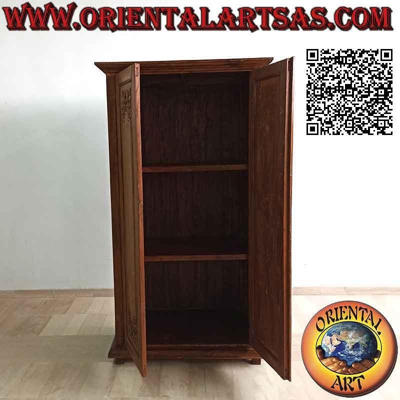 Armario alto lineal de 2 puertas y 3 baldas con decoración floral en bajorrelieve en madera de teca envejecida
